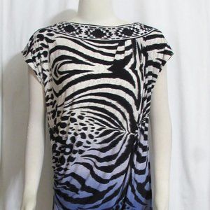 NEW Womens Ladies MAGGY LONDON Black Ivory & Blue Multi Print Stretchy Dress 12